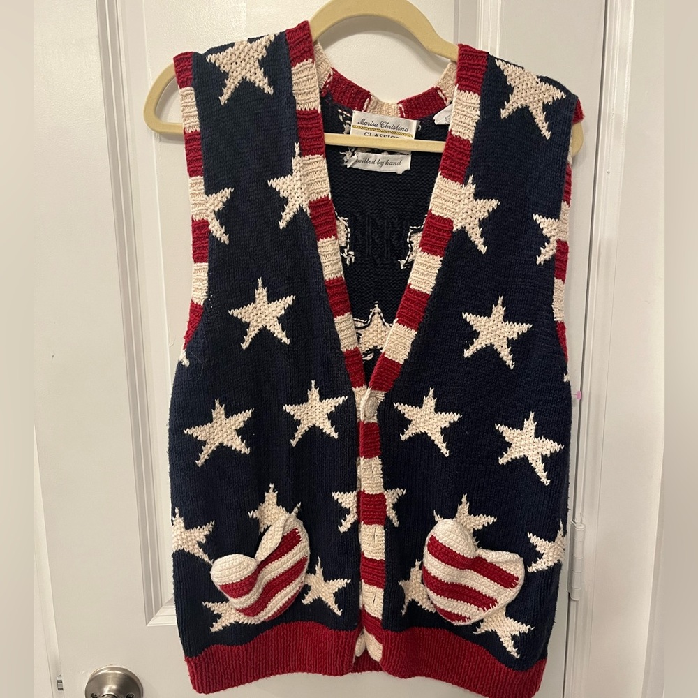 Marisa Christina hand knit Stars and Stripes sweater vest size Large